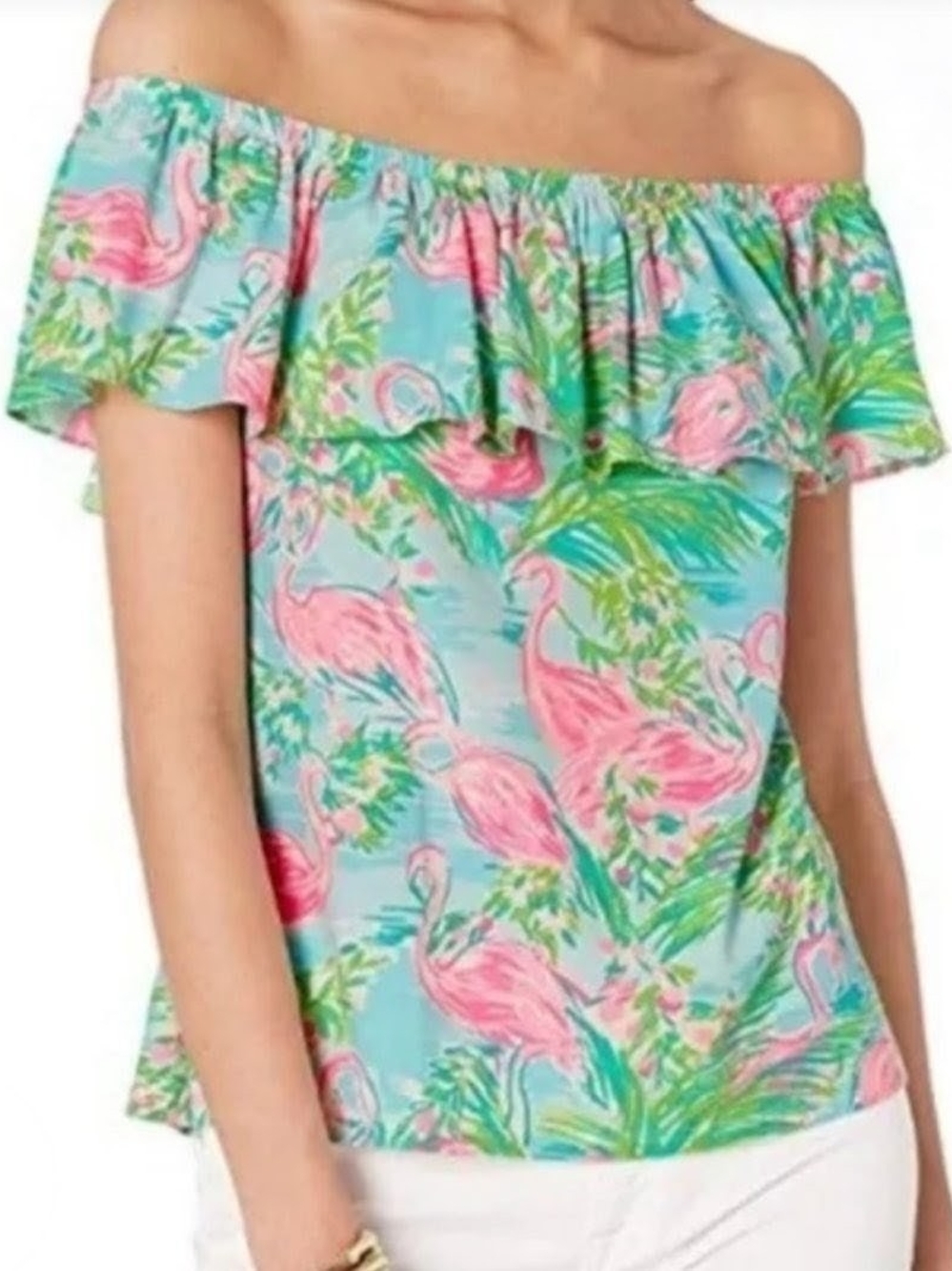 Lilly Pulitzer Off-Shoulder Flamingo Print Top in Aqua and Pink